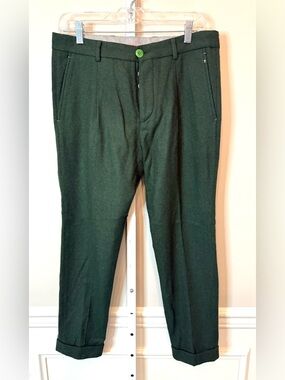 Manuel Ritz Wool Trousers Green Cropped Cuffed Colorful Button Fly Size 32